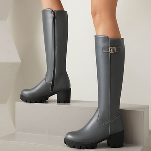 Low Price Metal Buckles Shoes Low Chunky <b>Heels</b> Long Boots Women's Big Size 46 Wide Fit Knee High Booties - Product Image 4