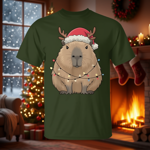 T-shirt de Noël mignon avec motif de capybara, renne et Père Noël avec lumières - Product Image 3