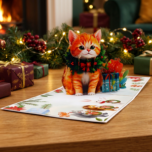 Tarjeta de felicitación navideña 3D emergente, lindo gatito naranja con corona, animal de dibujos animados, manualidad en papel, regalo navideño - Product Image 3