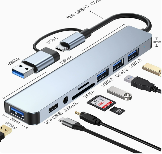 8-in-1 USB Type C Hub Docking Station 3.5mm Audio Jack SD TF Card Reader for Laptops Tablets Phones Disk Converter-USB 3.0