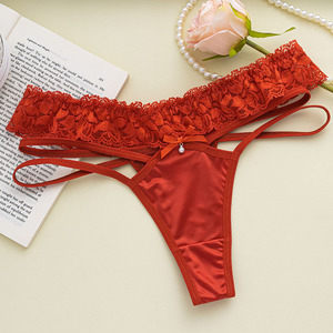 Tanga de satén con encaje para mujer, ropa interior sexy de talle bajo con tiras cruzadas laterales, bragas elegantes con lazo OEM ODM - Product Image 1