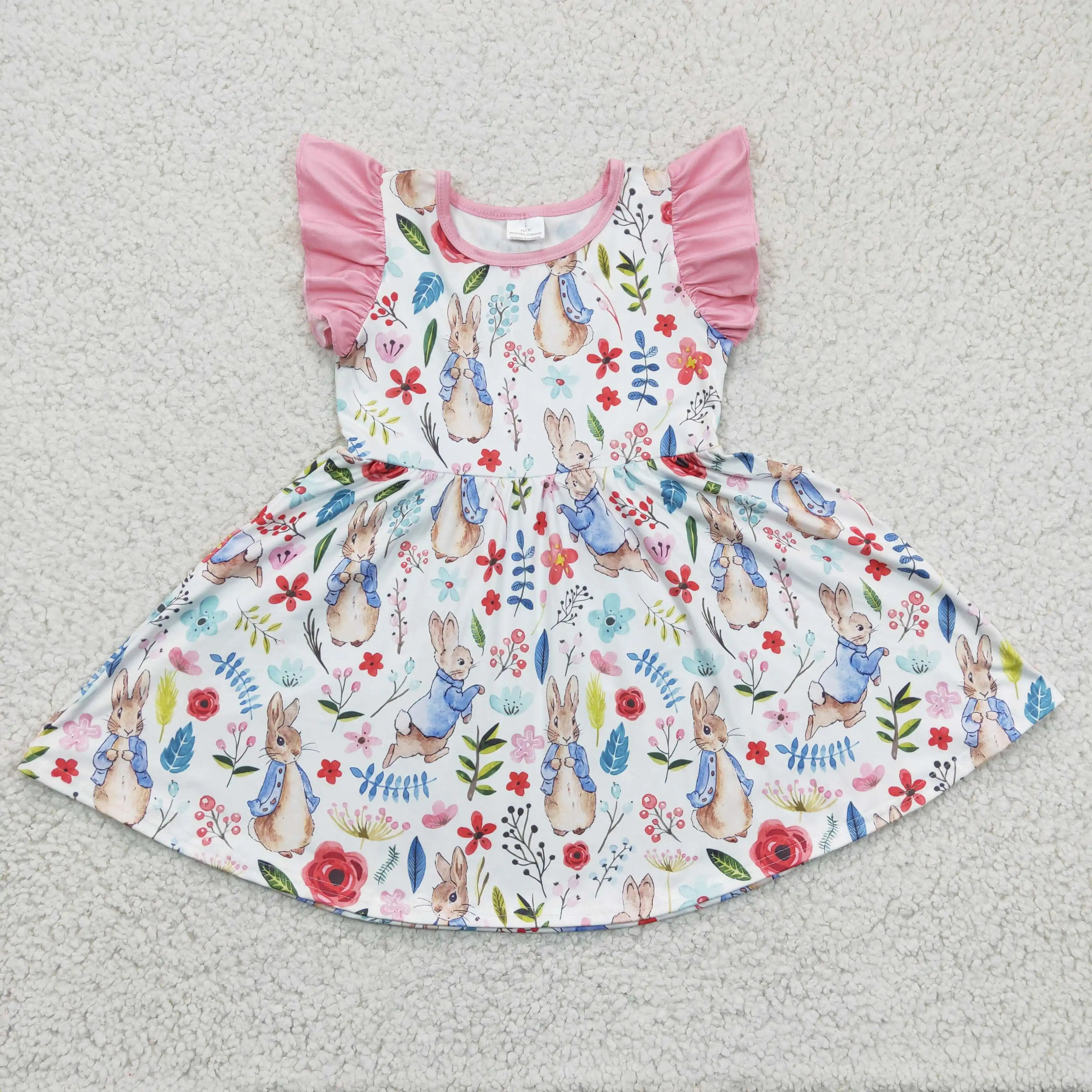 Moda toplu tedarik RTS hiçbir moq bebek kız elbisesi bahar çocuklar pembe tavşan elbise çiçek kız elbise