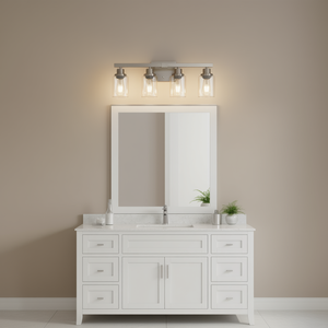 Luminaire de salle de bain moderne à 4 lumières, 24 pouces, finition nickel brossé, abat-jour en verre transparent, éclairage pour zone de dressing - sans ampoules - Product Image 2