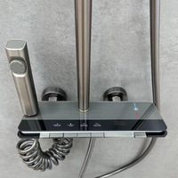 Ensemble de Douche de Salle de Bain Gris Anthracite avec Affichage Numérique LED, Mitigeur de Douche Pluie 4 Fonctions en Aluminium Tendance avec Touches Piano