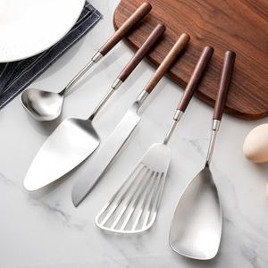 Wooden Handled Cake Knife Spatula Frying Pan Spatula <b>Soup</b> <b>Ladle</b> Stainless Steel Spatula <b>Ladle</b> Five Piece Kitchen Utensil - Product Image 1