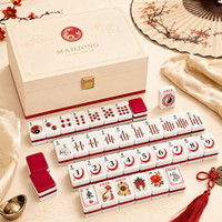 Set Ubin Mah Jongg Akrilik Lapis Ganda, Bagian Belakang Merah Tua, Motif Bambu Tradisional Yin Yang, Motif Naga Angin Joker Bunga