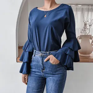 Moda por atacado padrão solto, blusas femininas estampadas camisa de manga longa elegante feminina/