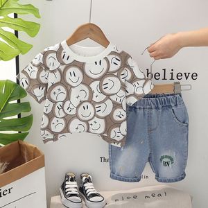 Yeni varış moda pamuk kısa kollu tişört Denim şort karikatür erkek bebek iki parçalı yaz giyim seti - Product Image 3