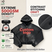 Sweat à capuche zippé RAMAX 500 GSM épais avec logo personnalisé, impression rouge en relief, délavage acide, coupe carrée courte, style streetwear, vente en gros, usine OEM