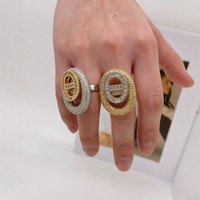 Ensemble de bagues en laiton plaqué or 18 carats vintage, micro-pavé entièrement serti de diamants, motif nez de cochon, pour femmes, avec design ovale double couche