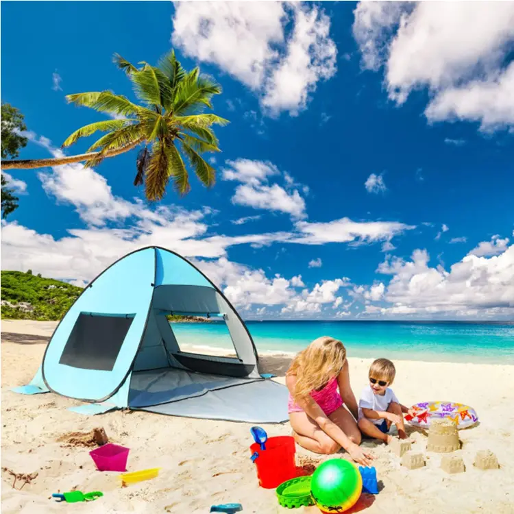 Customized Sizes Polyester Beach Tent with UPF50+ Waterproof Windproof and Stable Silver Coated Fabric Awning