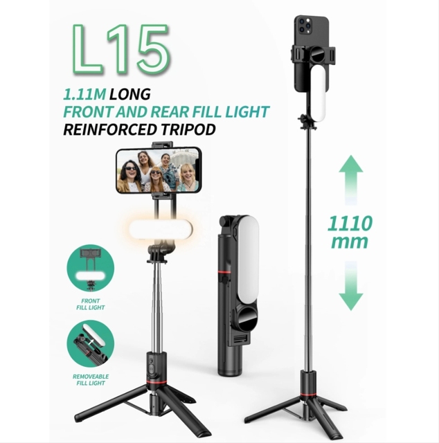Portable L15 Wireless Selfie Stick Tripod with Detachable Led Fill Light Foldable Mobile Phone Holder