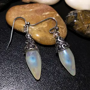 Vintage Silver Plated Colored Crystal Gem Hook Earrings Elegant Blue Teardrop Shaped Moonstone Dangle Earrings for Grandmother