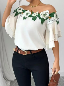<span class=keywords><strong>Blusa</strong></span> con Bordado Floral, Hombros Descubiertos, Mangas con Volantes, Elegante, para <span class=keywords><strong>Fiesta</strong></span>, <span class=keywords><strong>Blusa</strong></span> <span class=keywords><strong>Blanca</strong></span> Informal para <span class=keywords><strong>Mujer</strong></span> - Product Image 1
