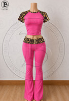 Ensemble 2 pièces côtelé en coton pour femme – Tissu doux et élastique personnalisé, haut à manches courtes coupe ajustée, leggings taille haute cousus – Tenue décontractée