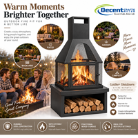 Cheminée à bois en fer noir mat avec foyer en maille, porte à charnières et rangement pour bûches, pour jardin et terrasse extérieure