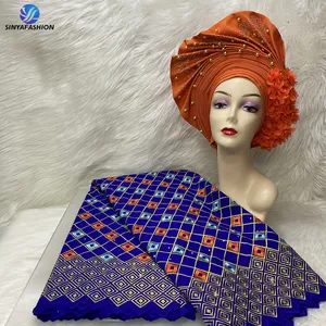 Nouveau Design 2023 Offre Spéciale femmes coton dentelle avec écharpe belles dames Headtie et suisse Voile dentelle tissu avec des pierres - Product Image 1