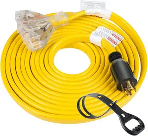 25 Feet Heavy Duty Generator Adapter Extension Cord Generator Locking Cord/NEMA L14-30P to Four 5-20R/4 Prong 10 Gauge Flat Gene