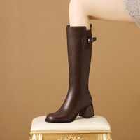 Bottes d'équitation d'hiver en cuir véritable à bout carré, montantes, à talon épais et fermeture éclair