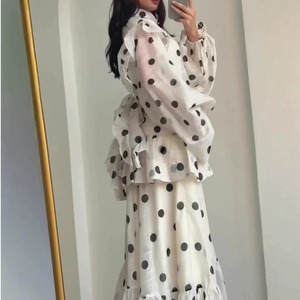 Robe élégante pour femme, style vintage, col montant, manches bouffantes, coupe trapèze, à pois, prix compétitif - Product Image 1