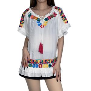 Camicia a maniche corte da donna con ricamo estivo da donna camicetta bianca in lino di cotone con <span class=keywords><strong>frange</strong></span> larghe - Product Image 1