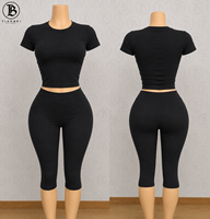 Kledingset met eigen logo, tweedelig, dames, katoen, gestreept, korte mouwen, top en capri broek, loungewear, dames sets, Y2K kleding