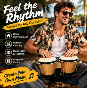 Set di Bongo Portatili da 6+7 Pollici in Legno di Quercia con Finitura Opaca Naturale e Pelle di Pecora Vera, Percussioni Manuali per Educazione Musicale Orff - Product Image 4