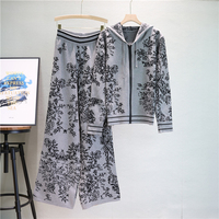 Ensemble de sport décontracté printemps-automne pour femme, tricot imprimé, sweat à capuche, pantalon large, deux pièces élégantes, costume pantalon pour femme