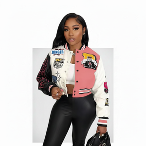 Chaqueta universitaria recortada personalizada para mujer, chaqueta de béisbol, bloque de color, estampado de letras, uniforme bombardero con botones Y2k - Product Image 1