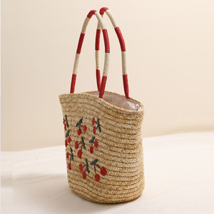 2025 nuevo bolso de paja de hombro de cereza bordado bolso de moda de gran capacidad con cremallera bolso de playa de vacaciones - Product Image 6