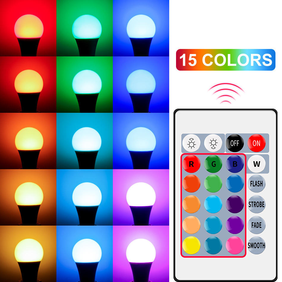 RGB LED Smart Bulb 16 Colors Remote Control Smart Led Light Bulb 9w E27 ...