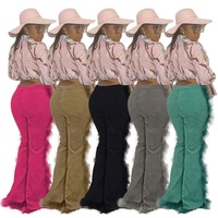 Nuovi arrivi solido vita alta inverno autunno plus size pantaloni e pantaloni rosa verde da donna pantaloni svasati in velluto di pelliccia con perline per donna