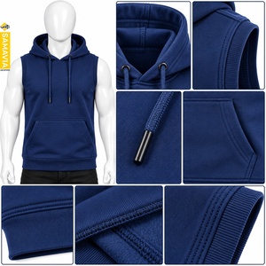 SAMAVIA Men's Navy Blue <b>Sleeveless</b> <b>Hoodie</b>, Premium Fleece Tank Top With Adjustable Drawstring Hood Bulk Order - Product Image 5