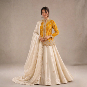 ชุดเลเฮนกาโชลีปักลายสีเหลือง พร้อมผ้าคลุมไหล่สีครีม ผ้าไหมยาวถึงพื้น ชุดแต่งงานแบบดั้งเดิมของอินเดีย ทรงปกติสำหรับผู้หญิง - Product Image 1
