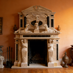 Grande cheminée décorative en marbre <span class=keywords><strong>beige</strong></span> de pierre calcaire européenne cultivée, sculptée, à double niveau, avec statues figurées - Product Image 1
