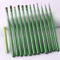Fournitures professionnelles pour ongles, ensemble de 12 pinceaux à ongles en bois vert avec capuchons de protection en métal pour salon de beauté
