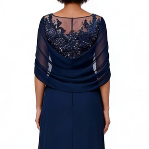 فساتين أم العروس من الشيفون المزين بالترتر باللون الأزرق البحري مع عباءة، تصميم A-Line بمقاسات كبيرة وطول يصل إلى الأرض - Product Image 4