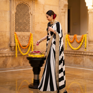 Elegante Sari de Seda Georgette con Bordado de Encaje Pesado con Hilos y Lentejuelas de Estilo Sofisticado - Product Image 3