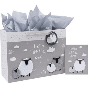 Hello Little One Gift <b>Bag</b> With Card And Tissue Paper Grey Sheep Baby Shower 16 Inch Extra Large - Product Image 1