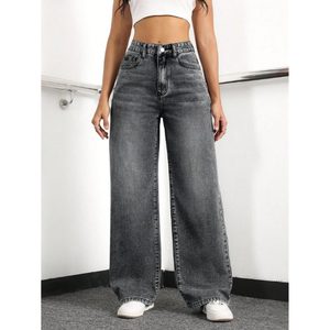กางเกงยีนส์ขากว้างสำหรับผู้หญิงทันสมัยทันสมัยกางเกงยีนส์สีเทาเอวสูงยืดนุ่มผ่อนคลายใส่ได้ทุกวันชุบผ้าแฟชั่น - Product Image 6