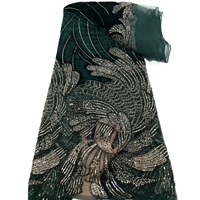 Tissu en velours brossé tissé à paillettes et strass brodées, orné de plumes de paon K/C, pour robe de mariée Aso Ebi et Abaya musulmane