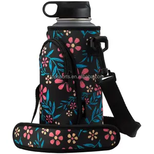 Funda de neopreno con estampado personalizado para botella de agua, soporte con correa para el hombro y bolsillo, compatible con botella de agua de 32OZ y 40OZ