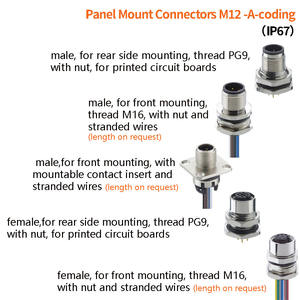 Connecteur étanche M12*1.0 DIN 3-12 broches IP67 pour montage sur panneau automobile, PG9 M12, <span class=keywords><strong>code</strong></span> A-B-D, à souder, mâle-femelle, fixation frontale - Product Image 2