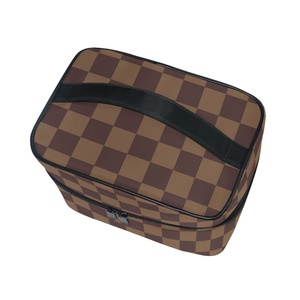 Luxury Personalize Portable Brown Checkered Toiletry <b>Case</b> <b>Makeup</b> Bag Ladies Travel Square Cosmetic Bag with Zipper and Handle - Product Image 3