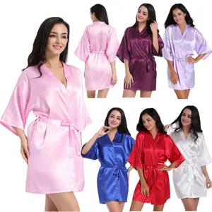 Robe sexy de cetim em cor lisa, feminino, pijamas de seda, cetim, kimonos