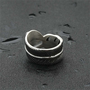 Stainless Steel <b>Feather</b> <b>Ring</b> Men's Retro Punk Style Daily Wear <b>Silver</b> Color 26097 - Product Image 4