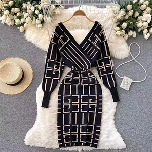 Robe midi en tricot slim <span class=keywords><strong>style</strong></span> américain pour femmes, robes à imprimé géométrique en dentelle, robes élégantes pour femmes, vêtements pour femmes - Product Image 2