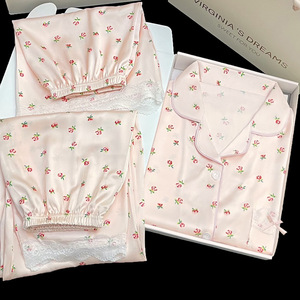 Primavera y verano nuevo encaje francés de encaje de manga corta dulce Floral niñas Casual y cómodo ropa de casa pijamas conjunto de tres piezas - Product Image 2