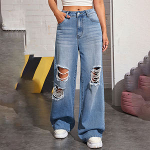Nouvel arrivage de <span class=keywords><strong>jeans</strong></span> taille haute personnalisés <span class=keywords><strong>jeans</strong></span> déchirés à jambes larges et droites pour femmes mode <span class=keywords><strong>jeans</strong></span> baggy décontractés pantalon en denim bleu pour femmes - Product Image 1