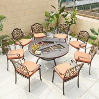 8 places pour restaurant de jardin Chaises de patio extérieur en fonte d'aluminium Mobilier rond Double BBQ Grill Table Charcoal